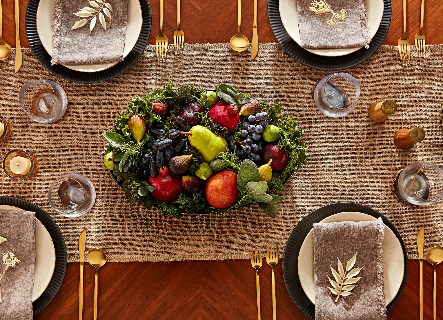A set table with a colorful centerpiece