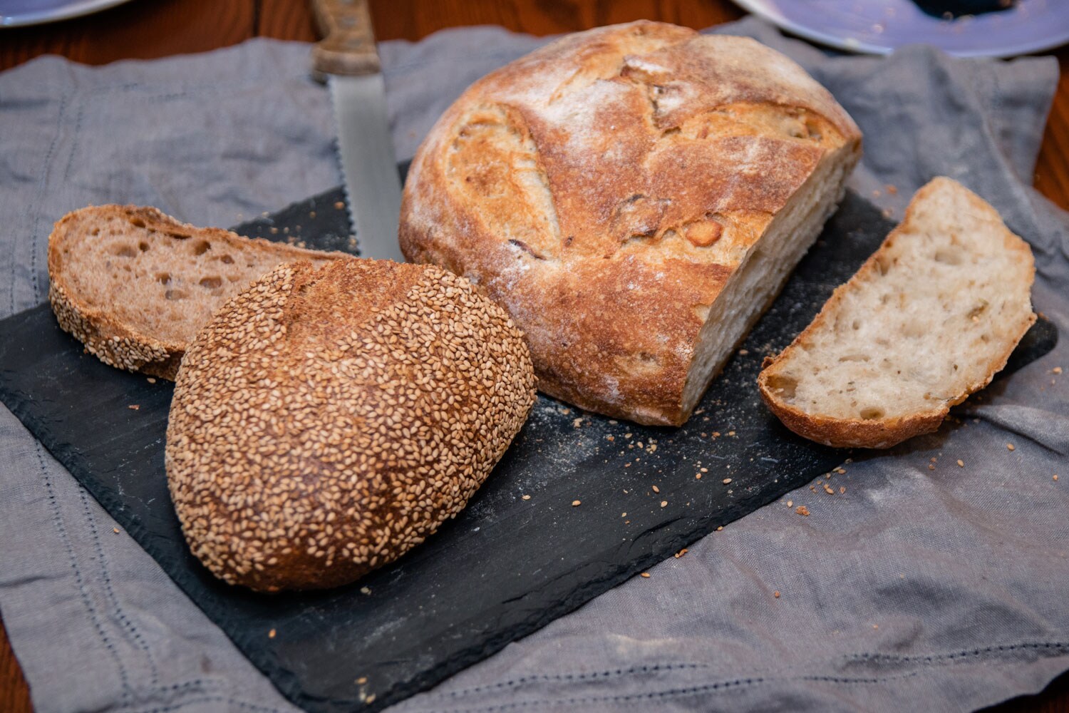 Slices of bread cut off from large loaves.