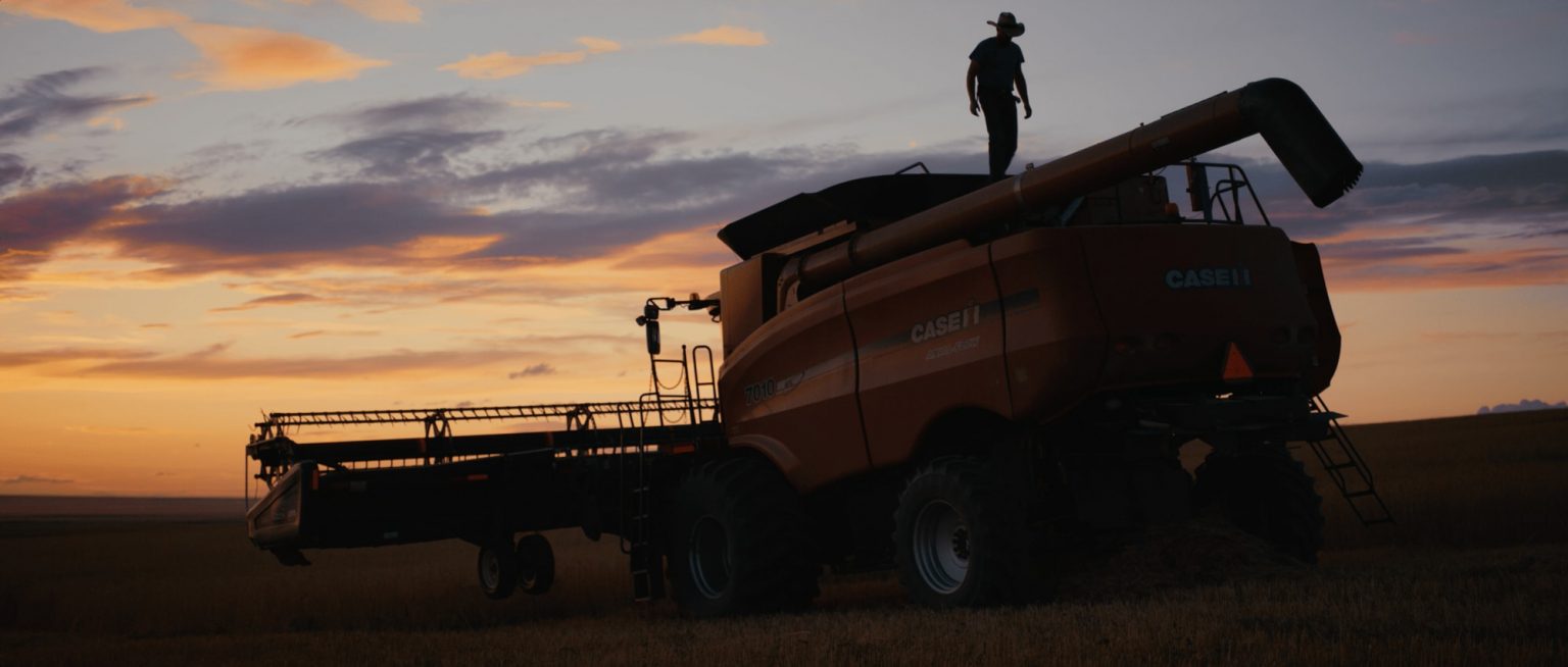 A harvester vehicle.
