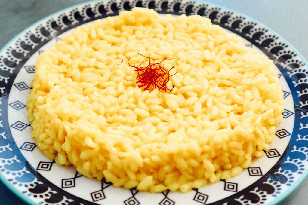 A perfect circle of basmati rice topped with saffron