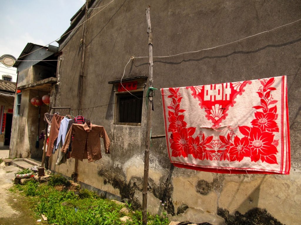 Clothes hanging out to dry.