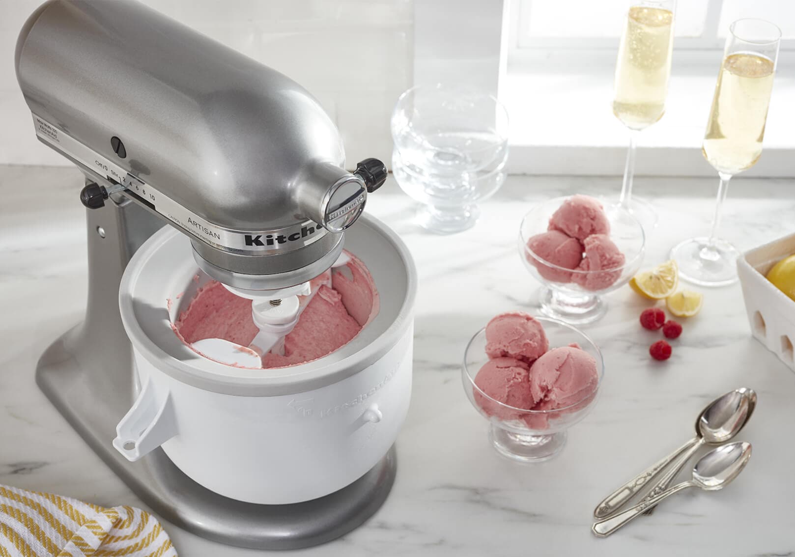 alt A KitchenAid® stand mixer making raspberry frozen yogurt.