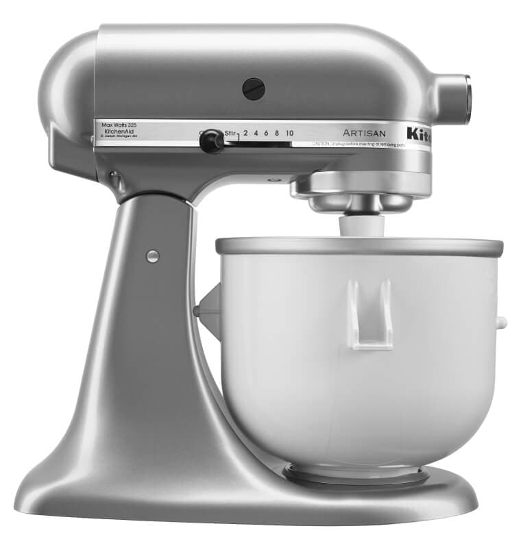 A silver KitchenAid® tilt-head stand mixer with Ice Cream Maker attachment.