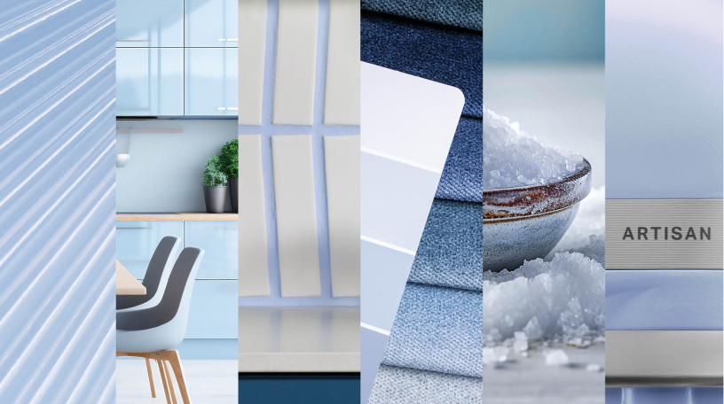 Different color swatches and materials in blue.