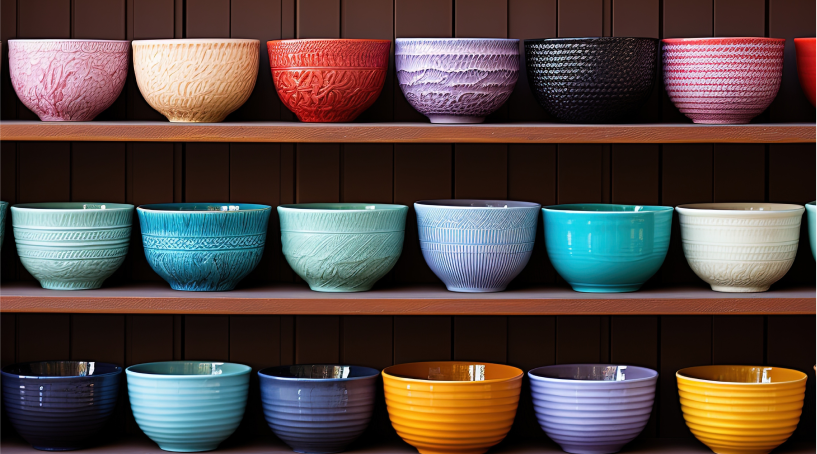 Open shelving stocked with soup bowls in many different colors.