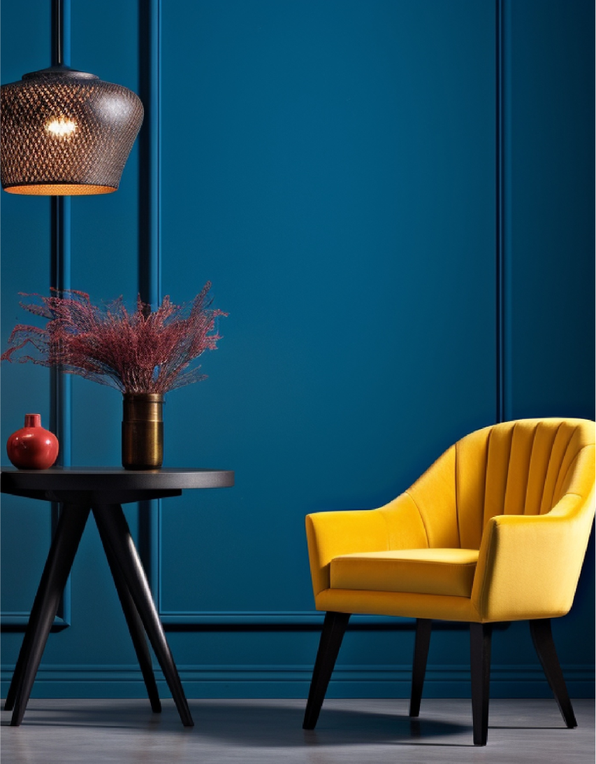 A yellow accent chair against a bold, rich blue wall.