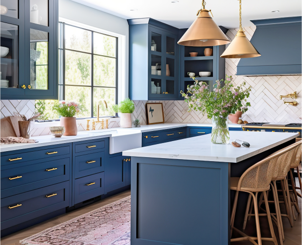 A beautiful kitchen with blue cabinetry.