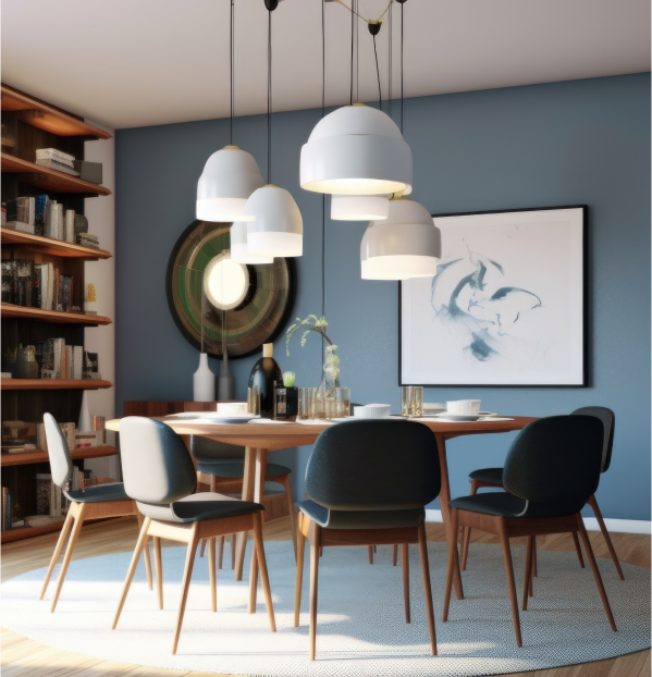 A modern minimalist dining room featuring warm woods and blue hues.