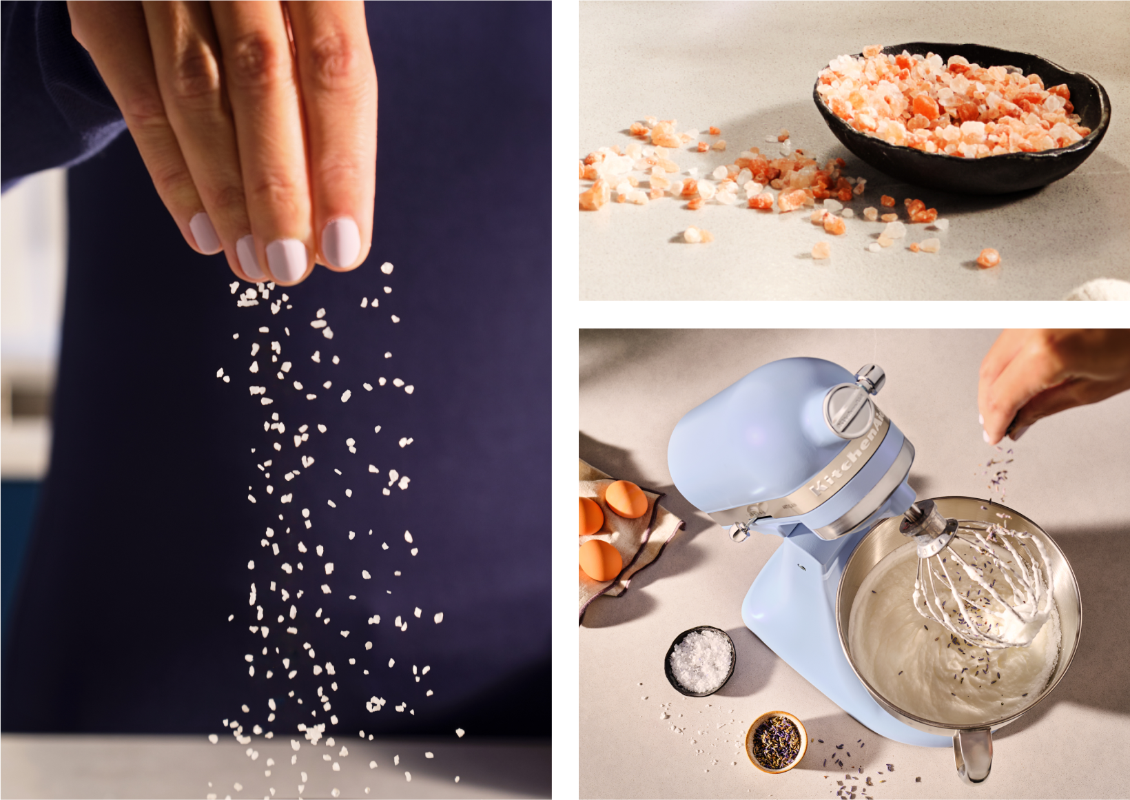 A person sprinkling salt over a dish.