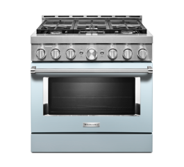 A 36" Smart Commercial-Style Gas Range with 6 Burners in Misty Blue.