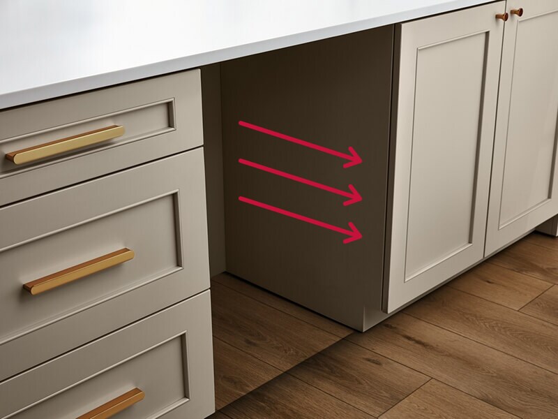 An empty space where a beverage center would fit with three red arrows indicating a space free of obstructions