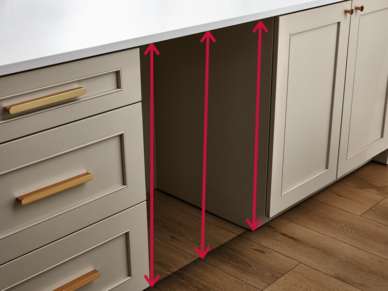 An empty space where a beverage center would fit with three red arrows showing locations to measure opening height