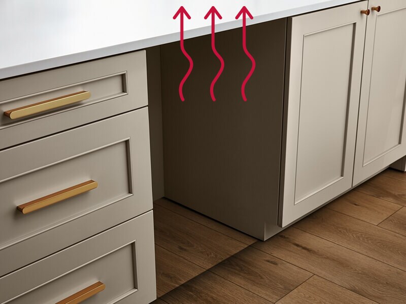 An empty space where a beverage center would fit with three squiggly red arrows representing ventilation