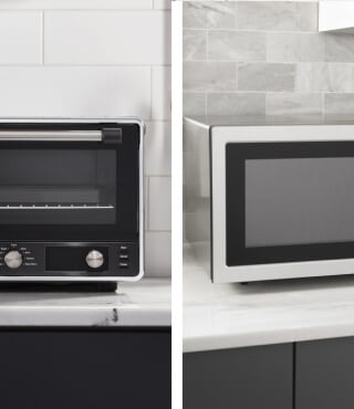 Side-by-side images of toaster oven and microwave