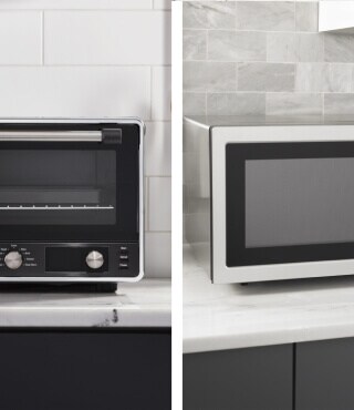 Side-by-side images of toaster oven and microwave