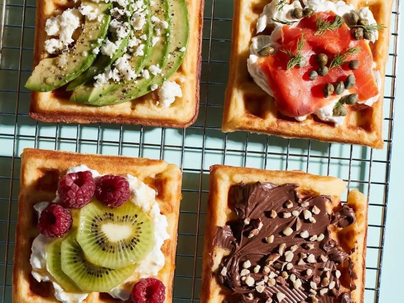 Mashed potato waffles with various toppings