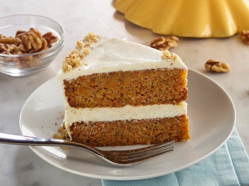 Slice of sweet potato cake on white plate