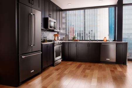 Stainless steel KitchenAid® appliances in an L-shaped kitchen Stainless steel KitchenAid® appliances in an L-shaped kitchen