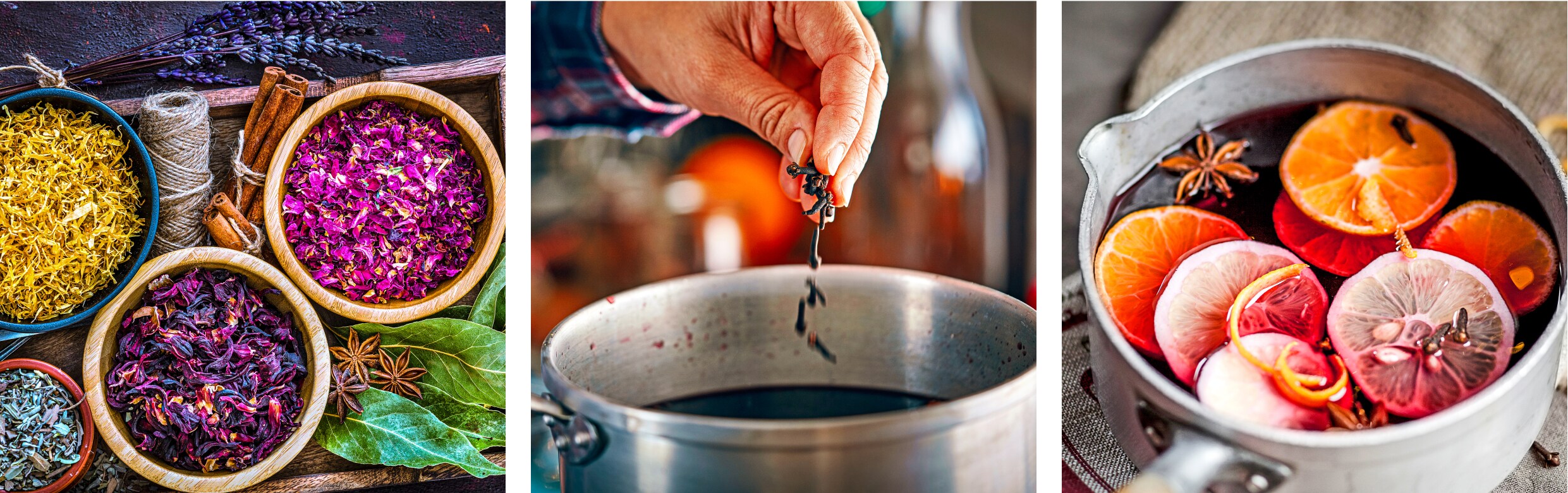 A trio of images showing the process of making a simmer pot.