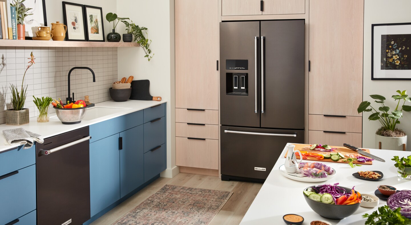 Kitchen with black stainless KitchenAid® appliances