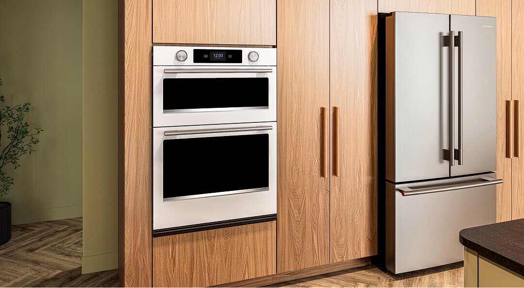 KitchenAid® combination wall oven in full-length wood cabinetry
