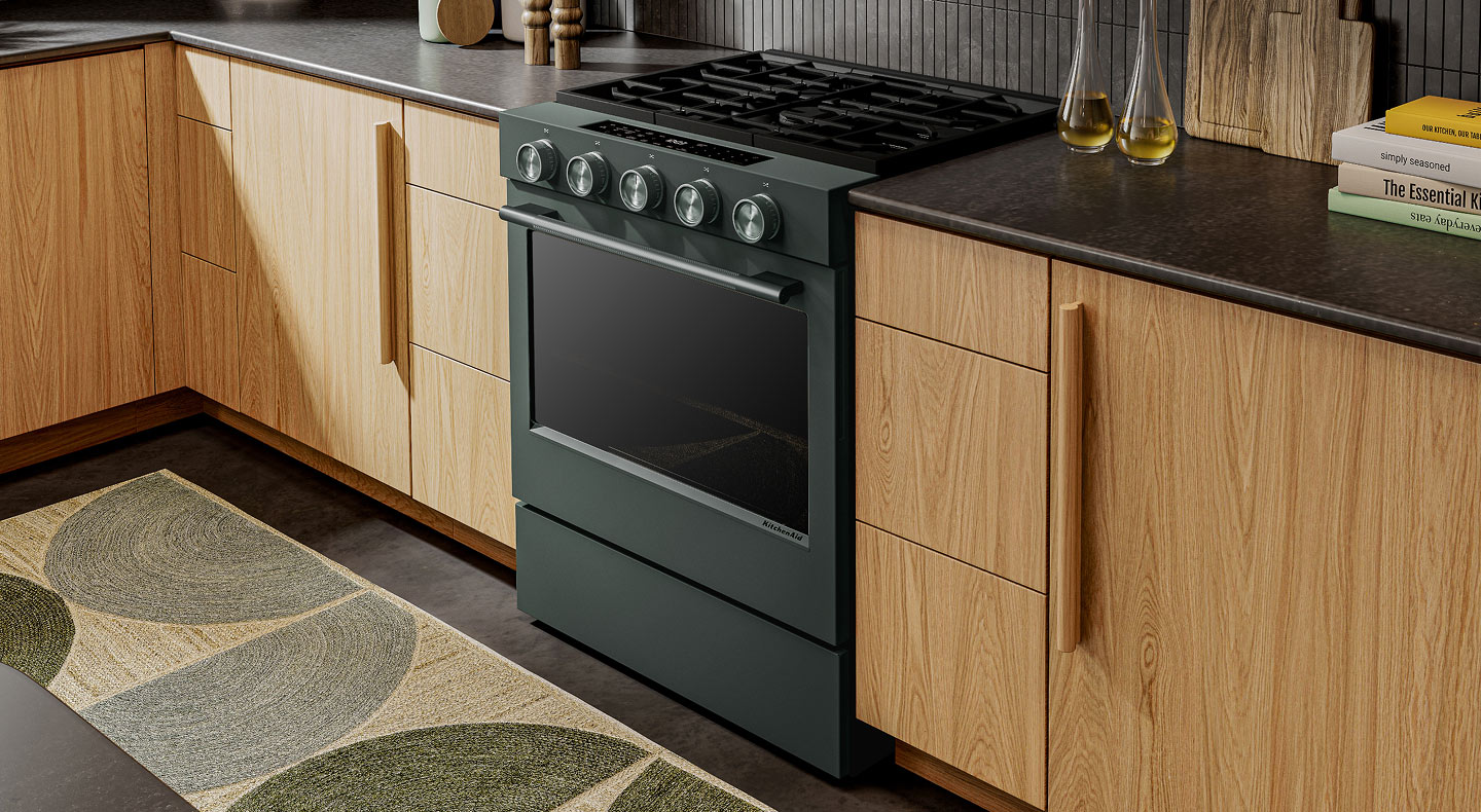 Juniper finish gas range in a modern kitchen