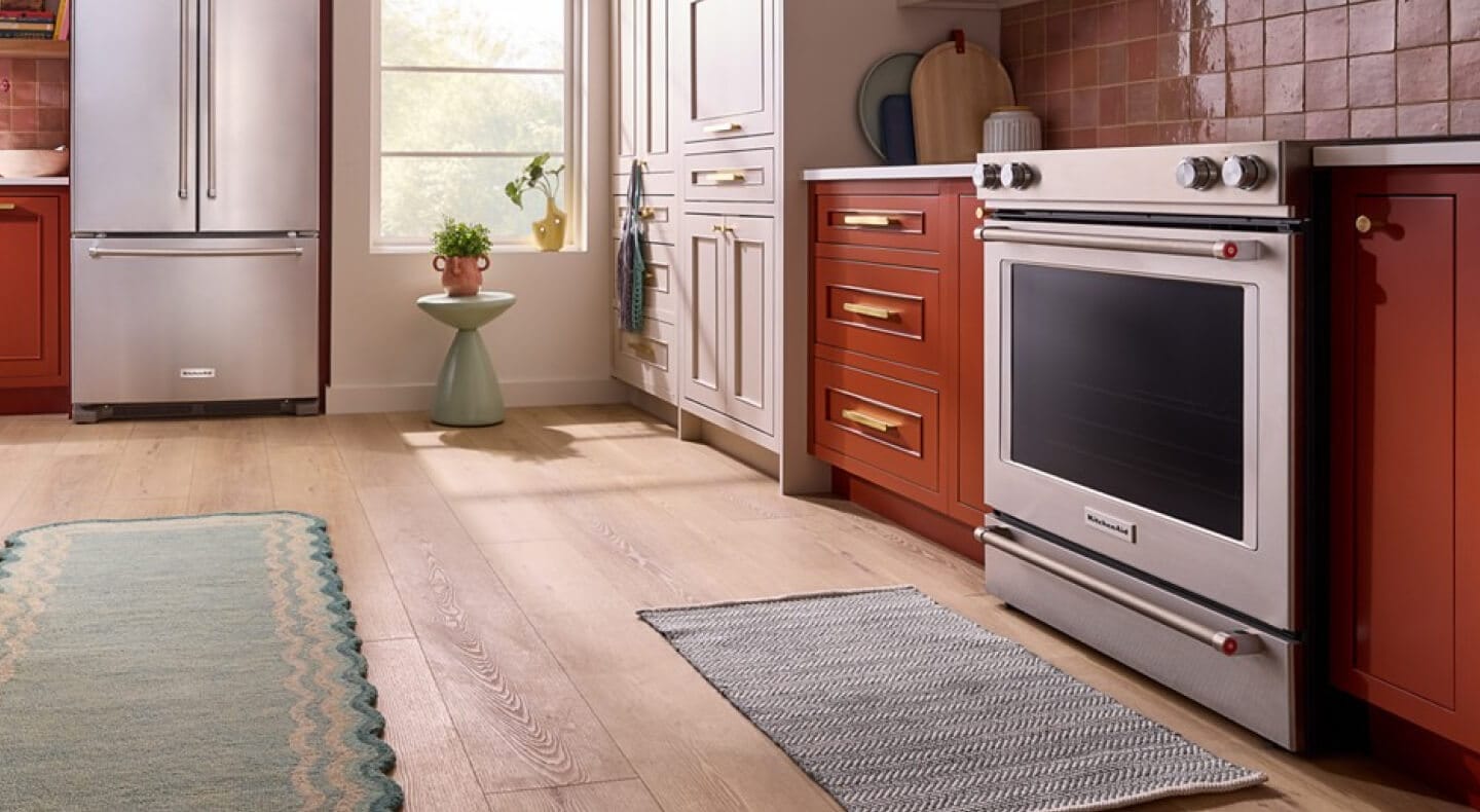 A KitchenAid® electric slide-in range in a kitchen