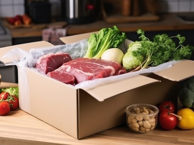 Meat and vegetables in a delivery box