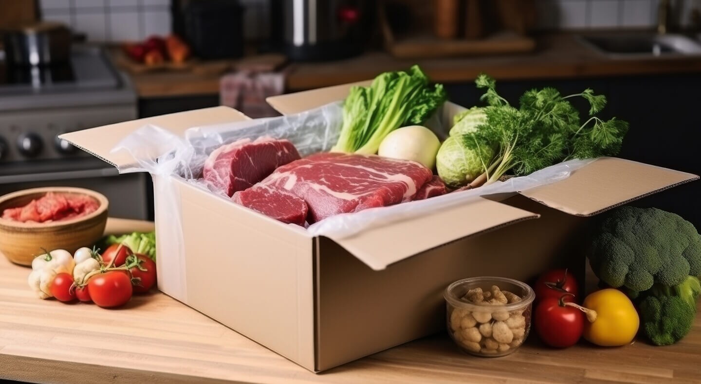 Meat and vegetables in a delivery box