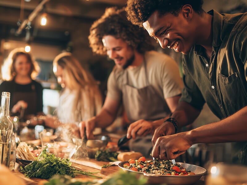 People grinning as they prepare food together