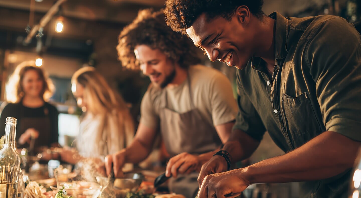 People grinning as they prepare food together