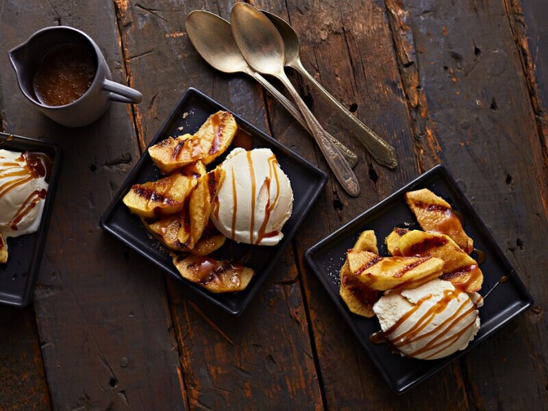 Delicious desserts with caramel drizzle