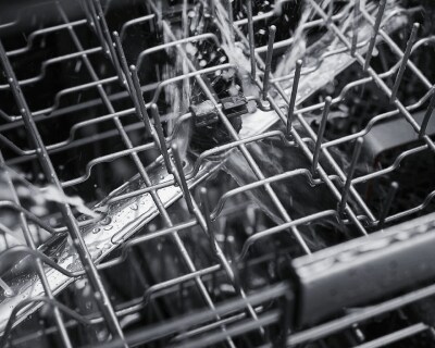 Closeup on interior top dishwasher rack
