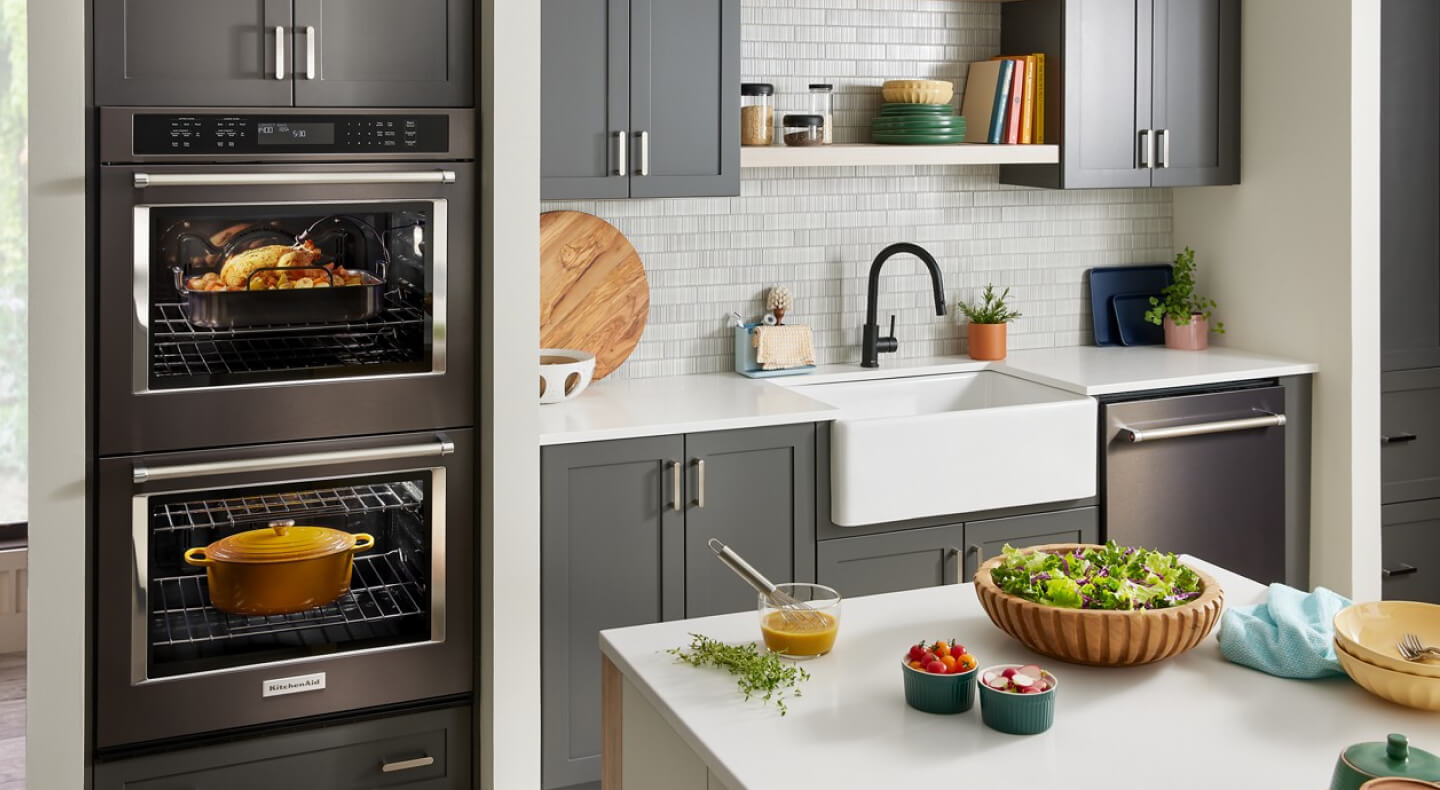 KitchenAid® double wall oven with a turkey and dutch oven inside