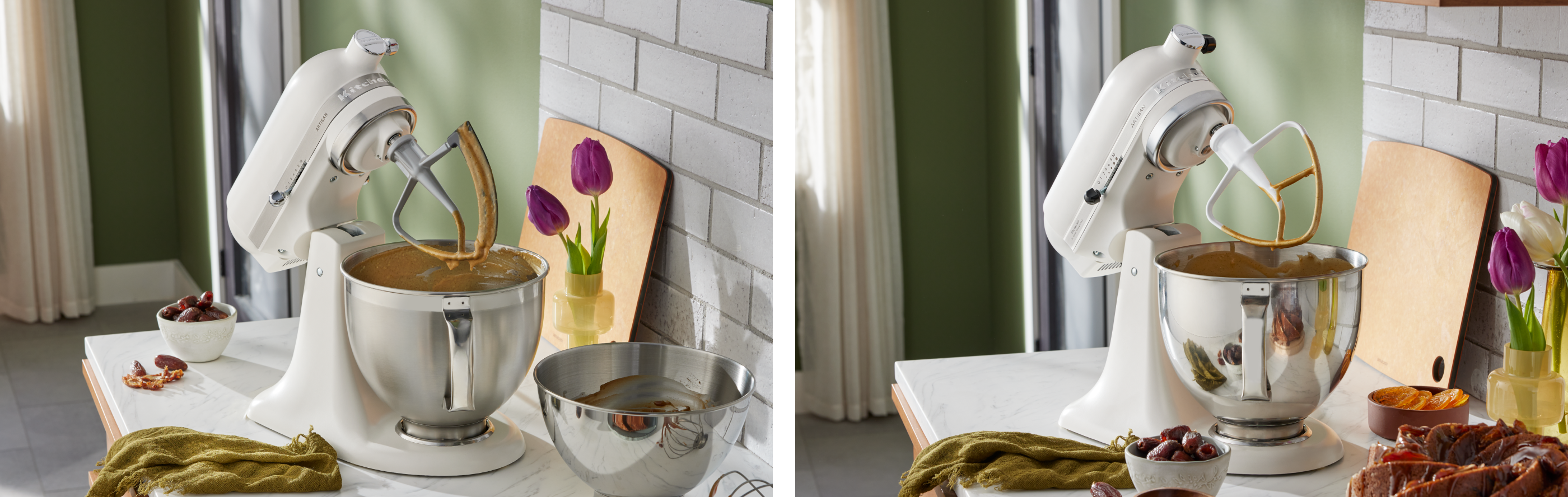 Two KitchenAid brand stand mixers with flat and flex edge beater accessories