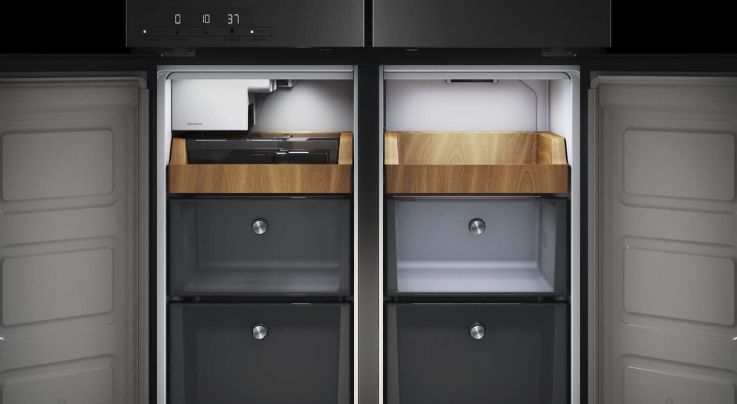 Title Needed The interior of the bottom two compartments on a KitchenAid® 4-door refrigerator