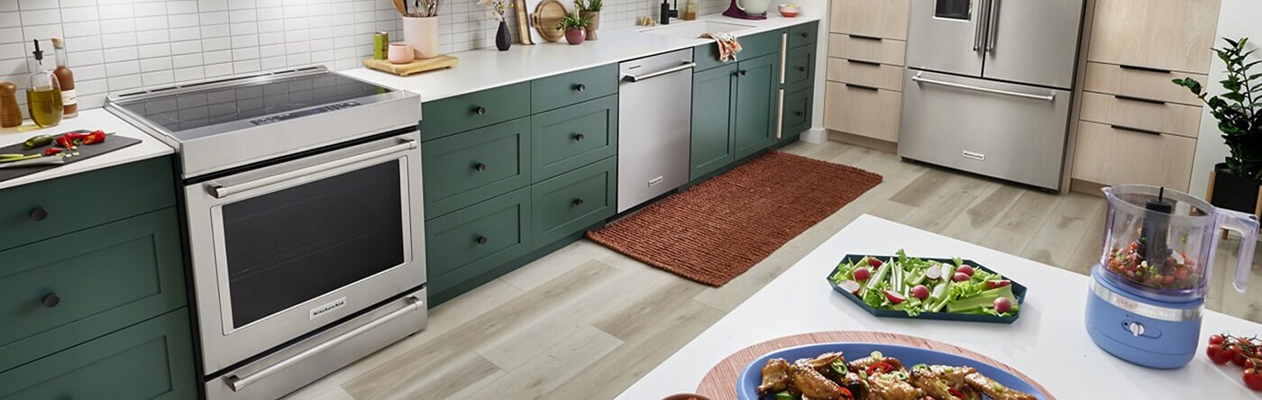 KitchenAid® slide-in electric range with a suite of appliances