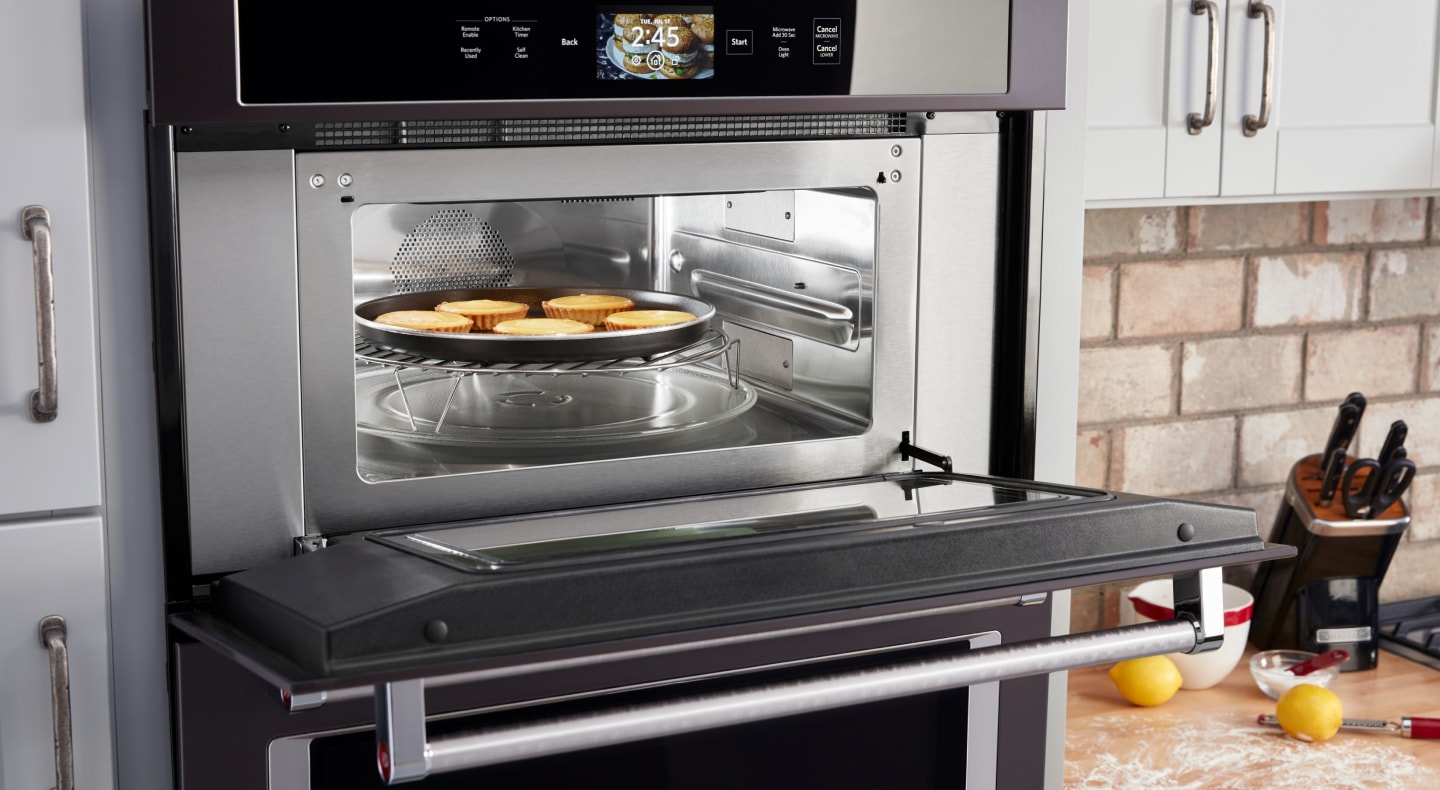 Tarts in a pan inside a convection microwave