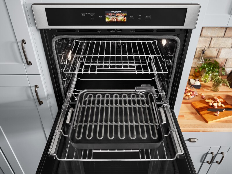 A pulled-out oven rack