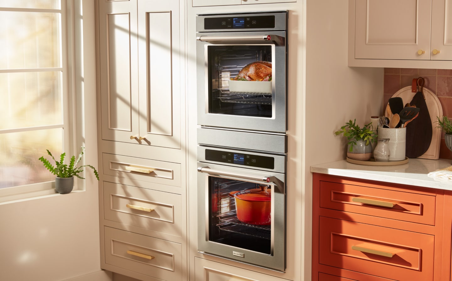 A double wall oven cooking two meals  A double wall oven cooking two meals