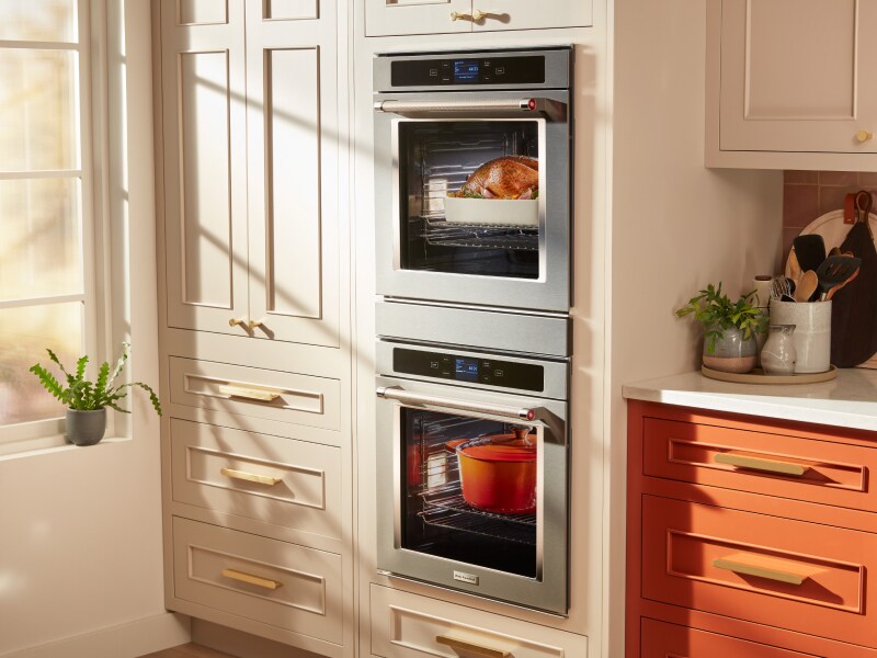 A double wall oven cooking two meals  A double wall oven cooking two meals