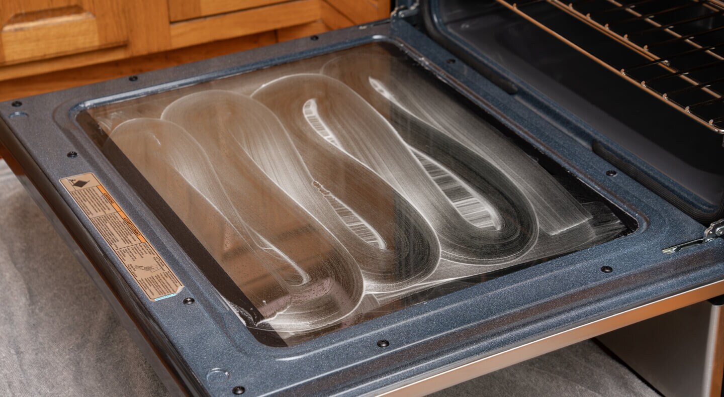 Oven door glass from the inside with a cleaning mixture spread all over it
