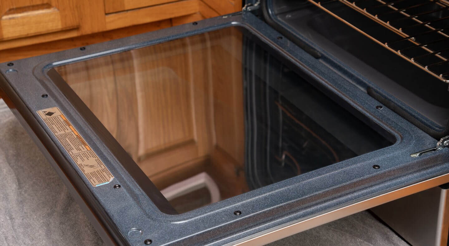 The finished product; clean oven door glass shown from the inside