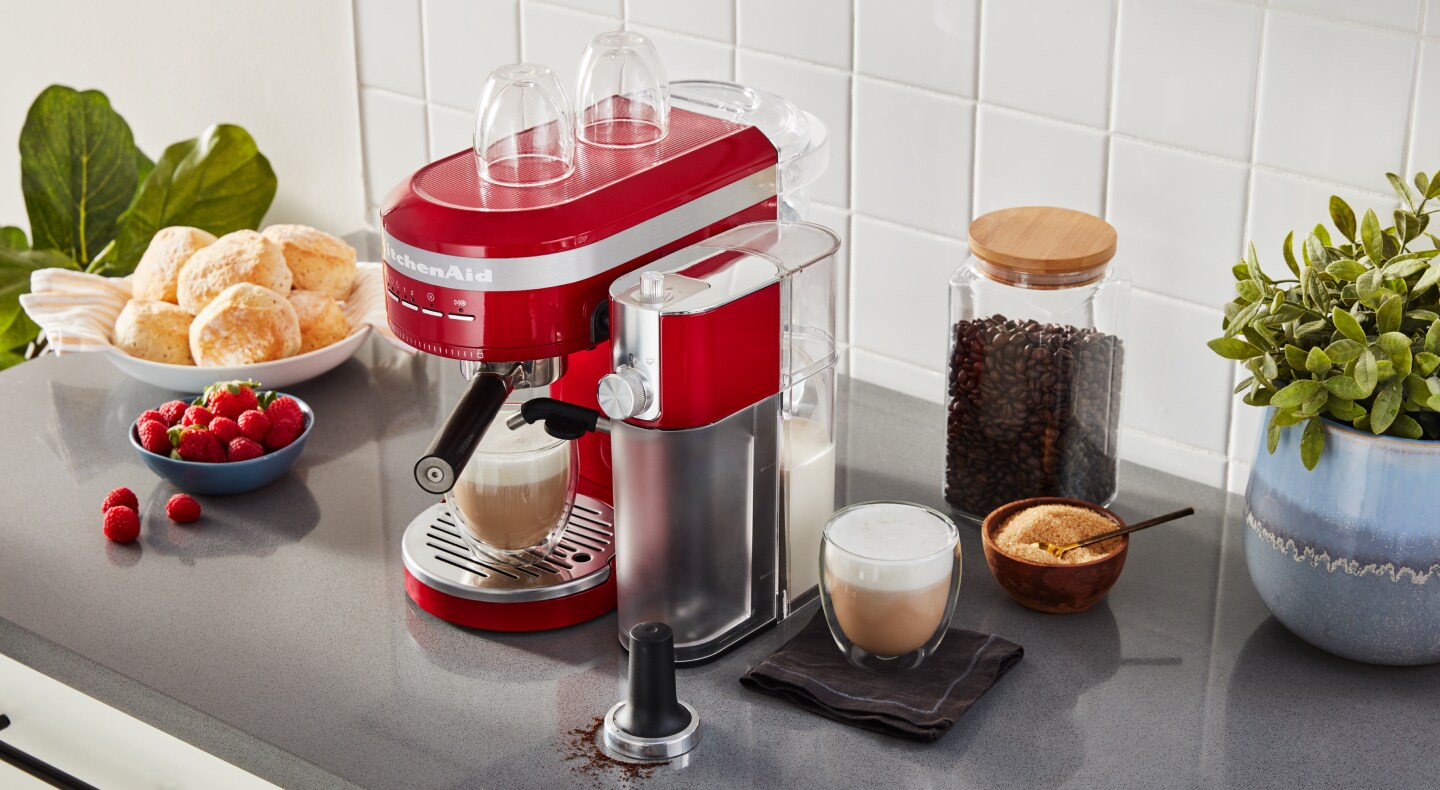 KitchenAid® Semi-Automatic Espresso Machine with homemade lattes on countertop KitchenAid® Semi-Automatic Espresso Machine with homemade lattes on countertop