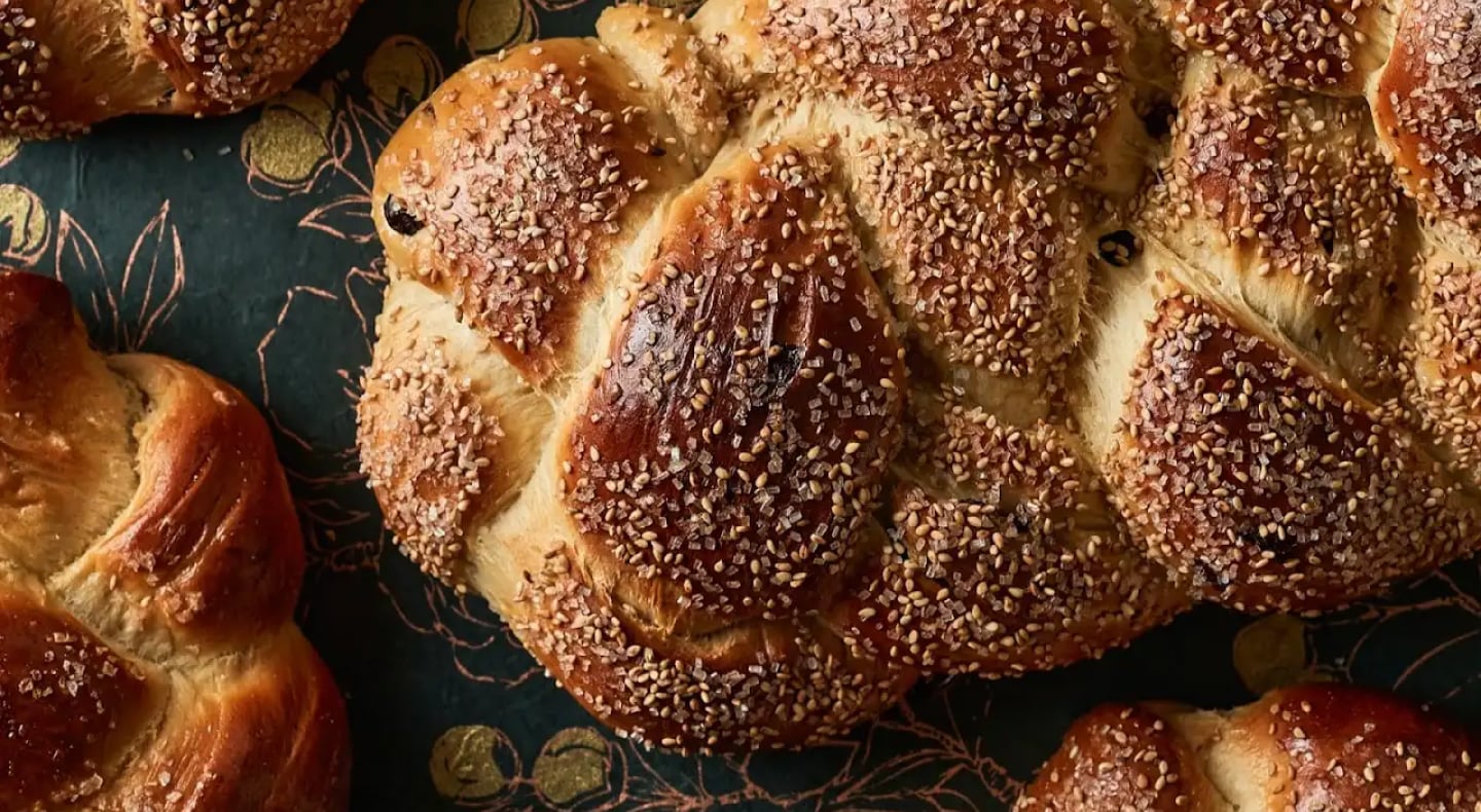 Close-up of challah bread with sesame seeds Close-up of challah bread with sesame seeds