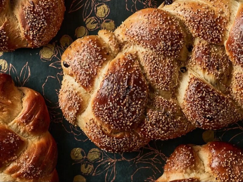 Close-up of challah bread with sesame seeds Close-up of challah bread with sesame seeds