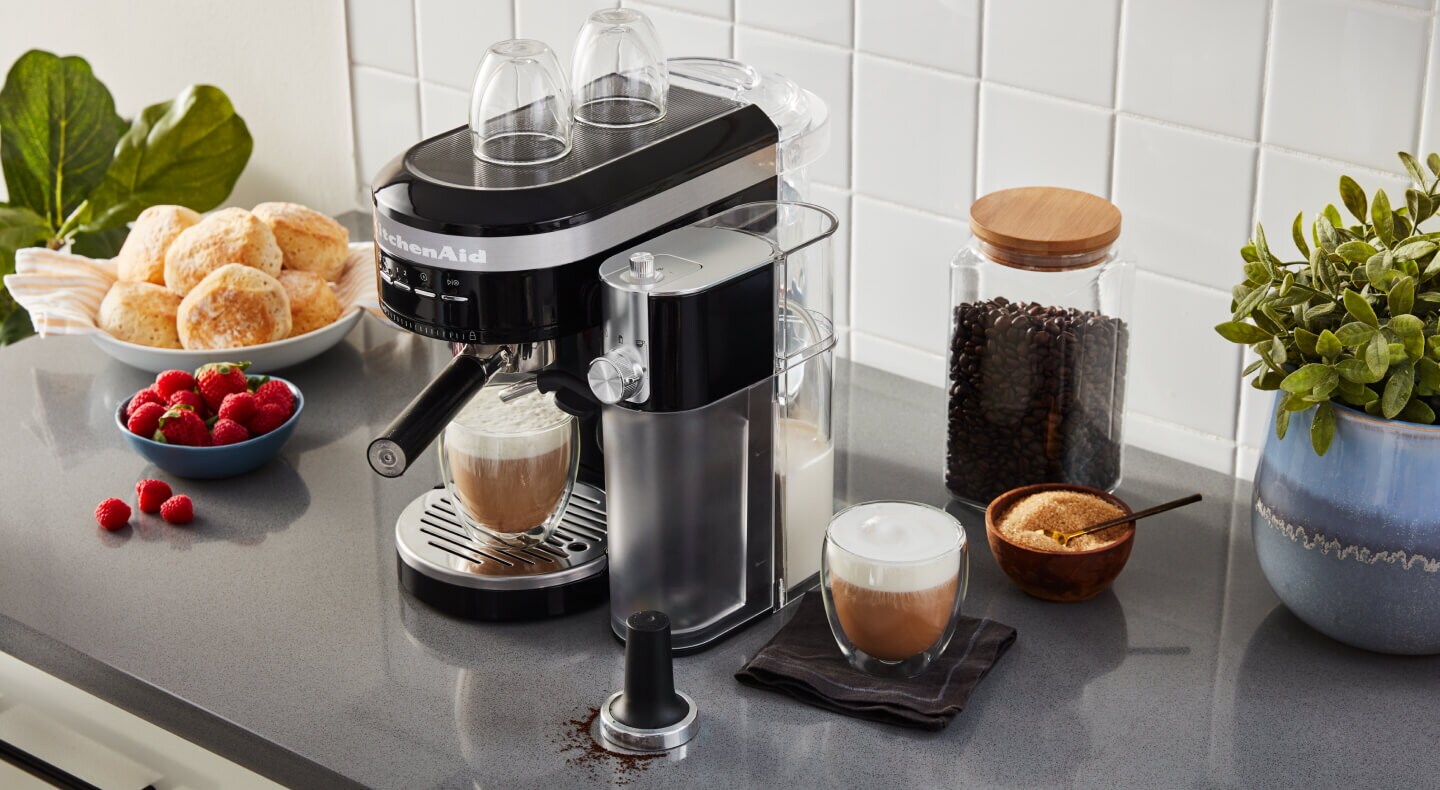 KitchenAid® semi-automatic espresso machine brewing espresso