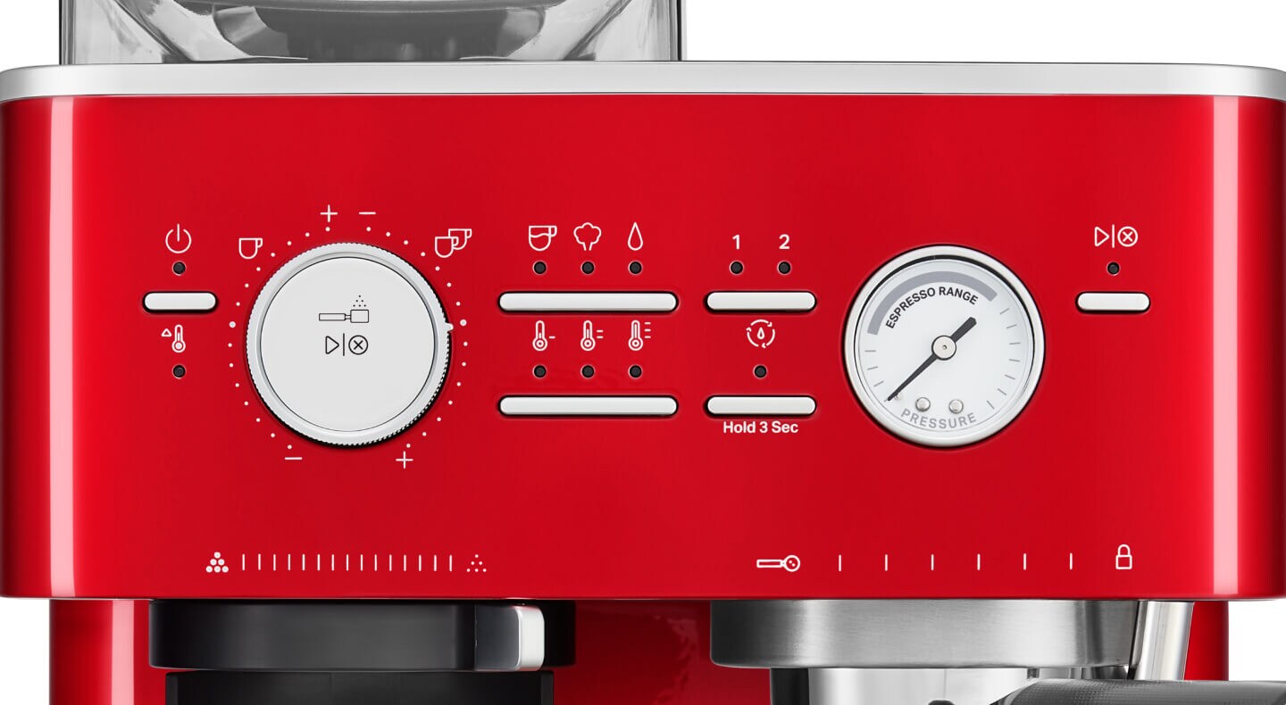 Closeup of a red KitchenAid® semi-automatic espresso machine Closeup of a red KitchenAid® semi-automatic espresso machine
