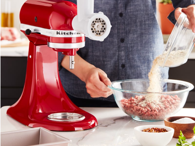 Red KitchenAid® stand mixer with Meat Grinder Attachment Red KitchenAid® stand mixer with Meat Grinder Attachment