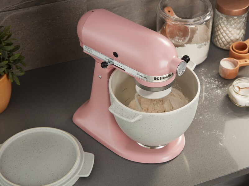 Pink KitchenAid® stand mixer with rice dough in stainless steel bowl Pink KitchenAid® stand mixer with rice dough in stainless steel bowl